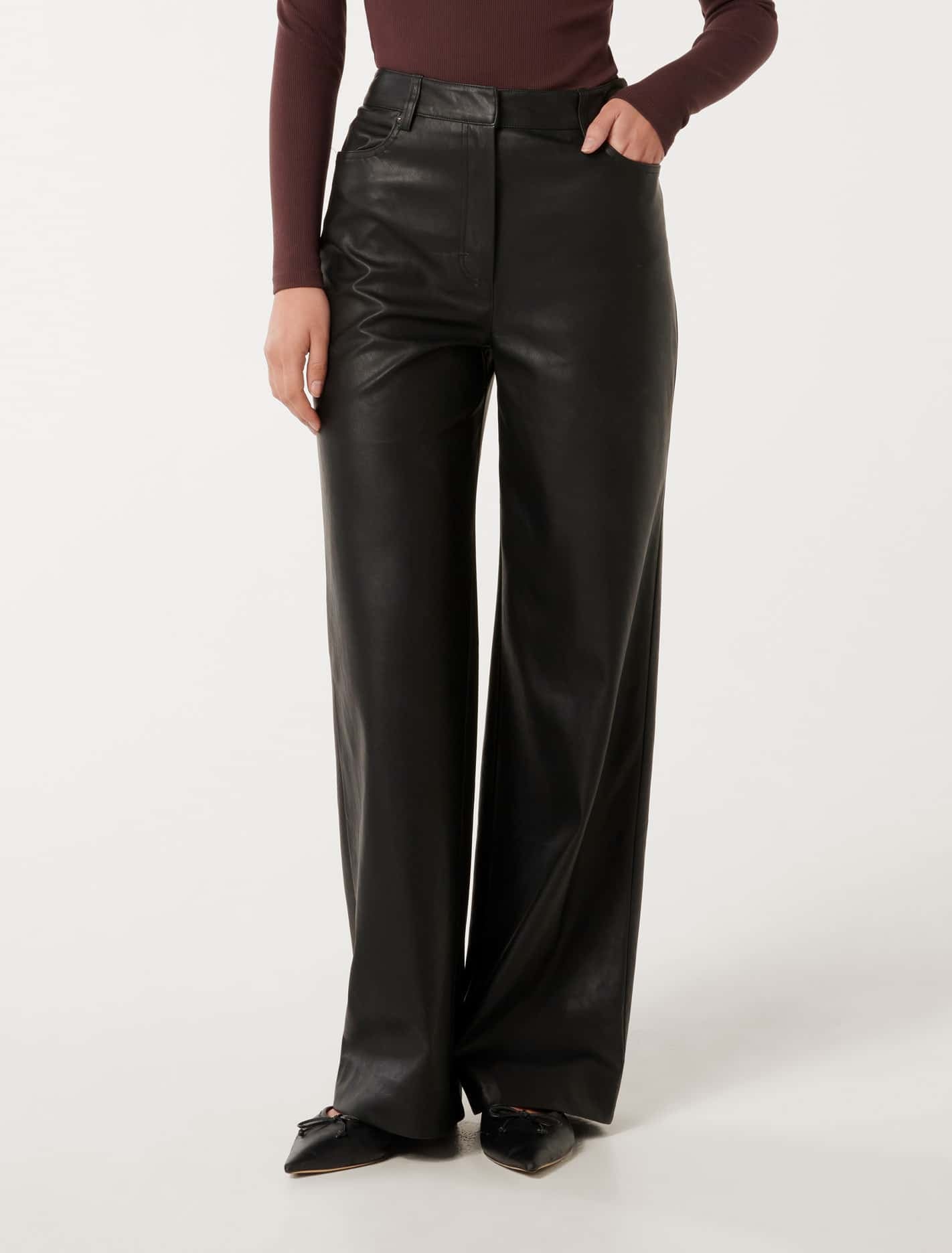 Forever New Women's Benni Vegan Leather Wide-Leg Trousers in Black, Size 12 100% Polyester with Polyurethane coating