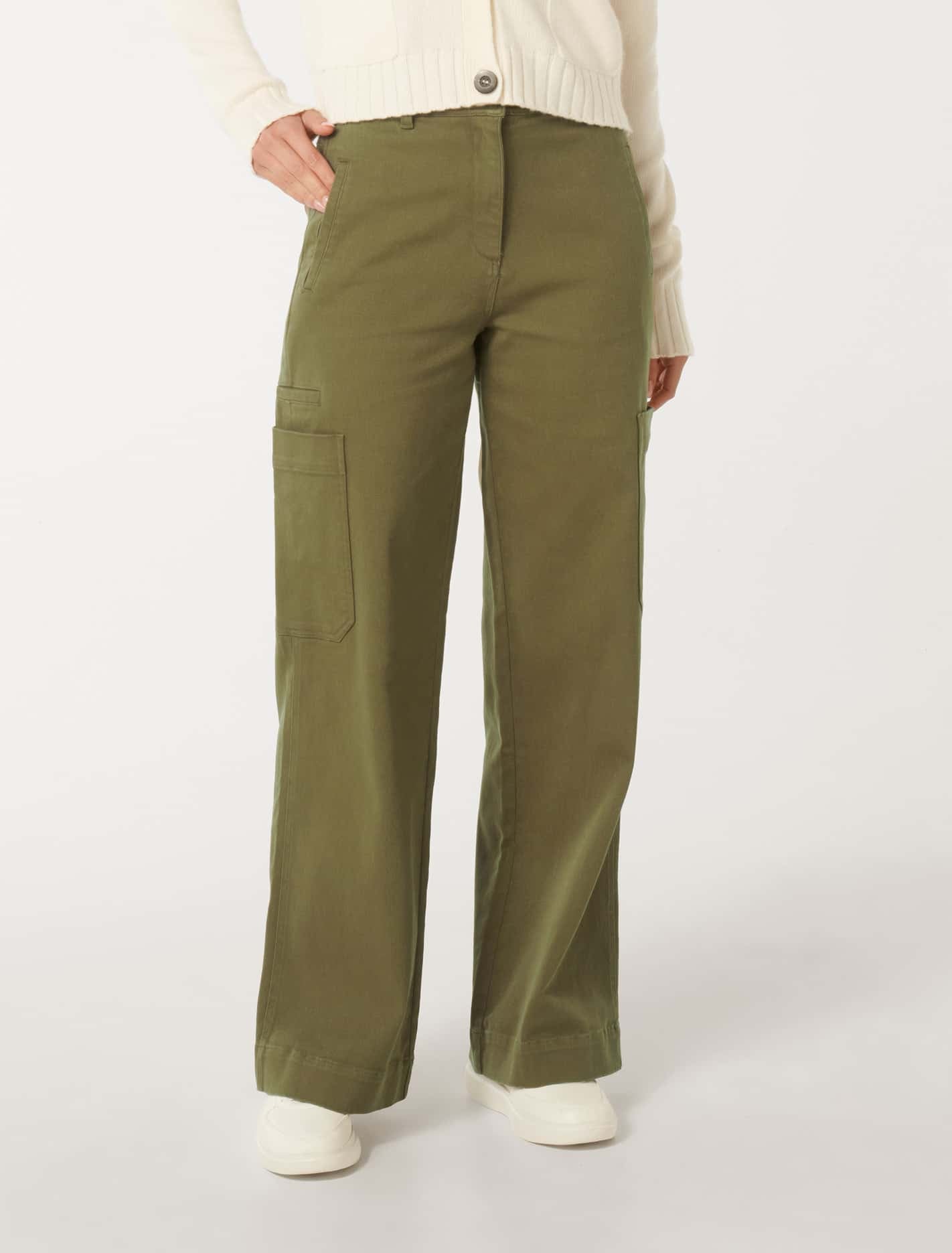 Forever New Women's Bobbie Wide-Leg Cargo Pants in Khaki, Size 6 Cotton/Elastane