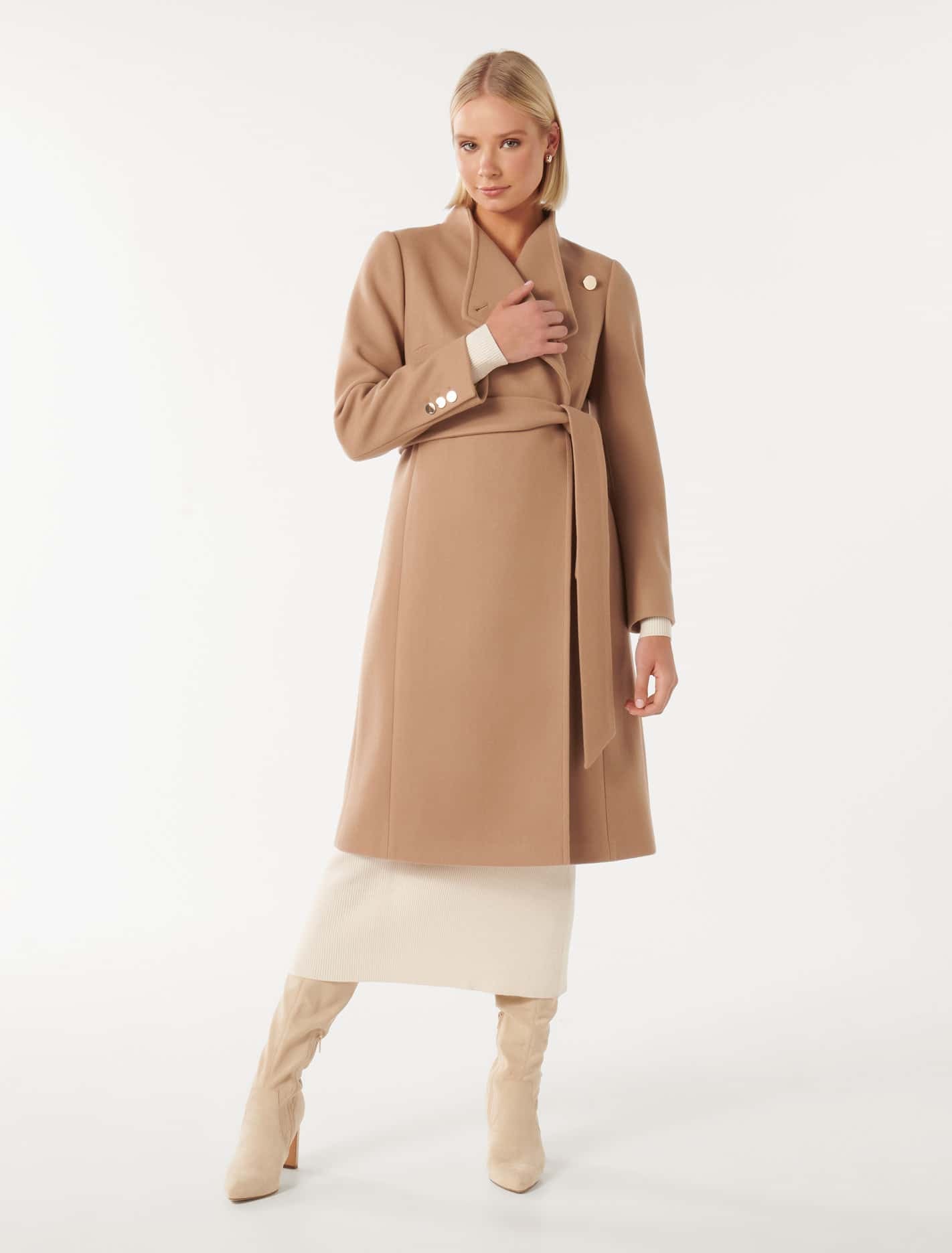 Forever New Women's Brodie Funnel Neck Coat in Camel, Size 8 Polyester/Acrylic/Wool