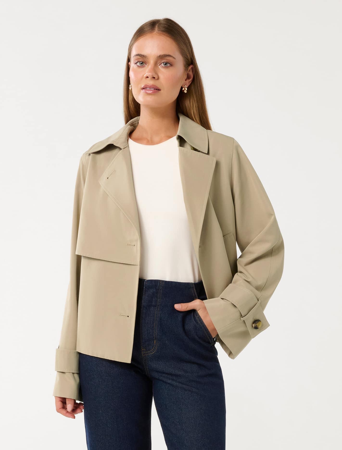 Forever New Women's Ebony Cropped Trench Coat in Camel, Size 10 Cotton/Viscose/Polyester