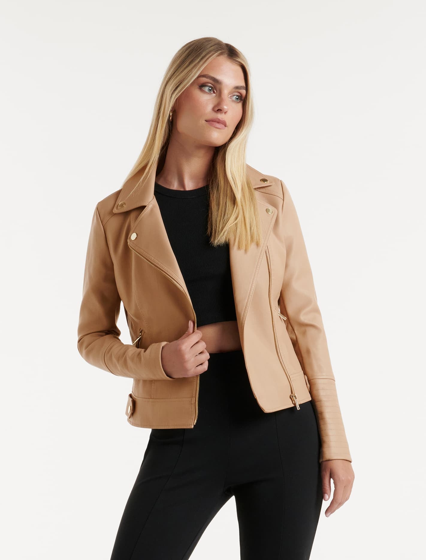 Forever New Women's Heidi Vegan Leather Biker Jacket in Camel, Size 8 Viscose/Polyester with polyurethane coating Bodice/Cotton