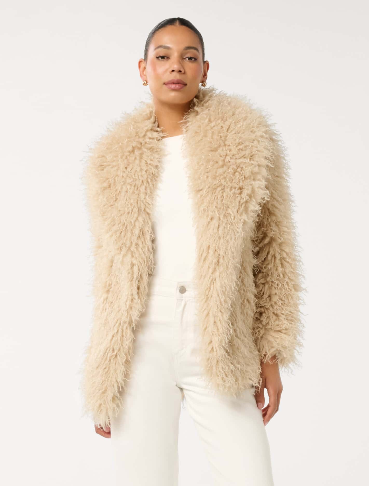 Forever New Women's Jennifer Faux Fur Coat in Light Camel, Size 8 Polyester/Elastane