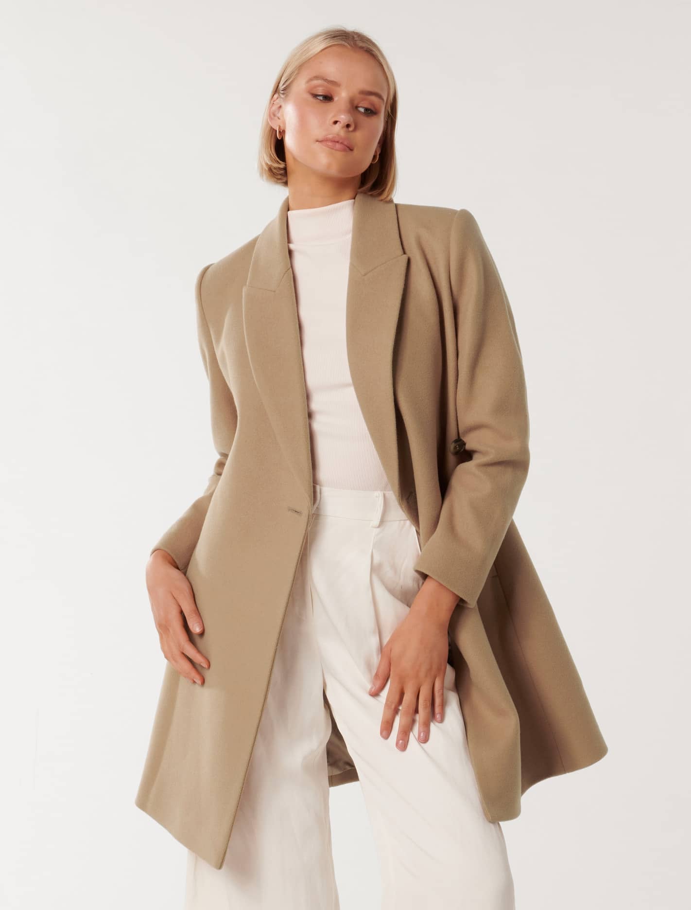 Forever New Women's Jenny Fit and Flare Coat in Camel, Size 16 Polyester/Acrylic/Wool