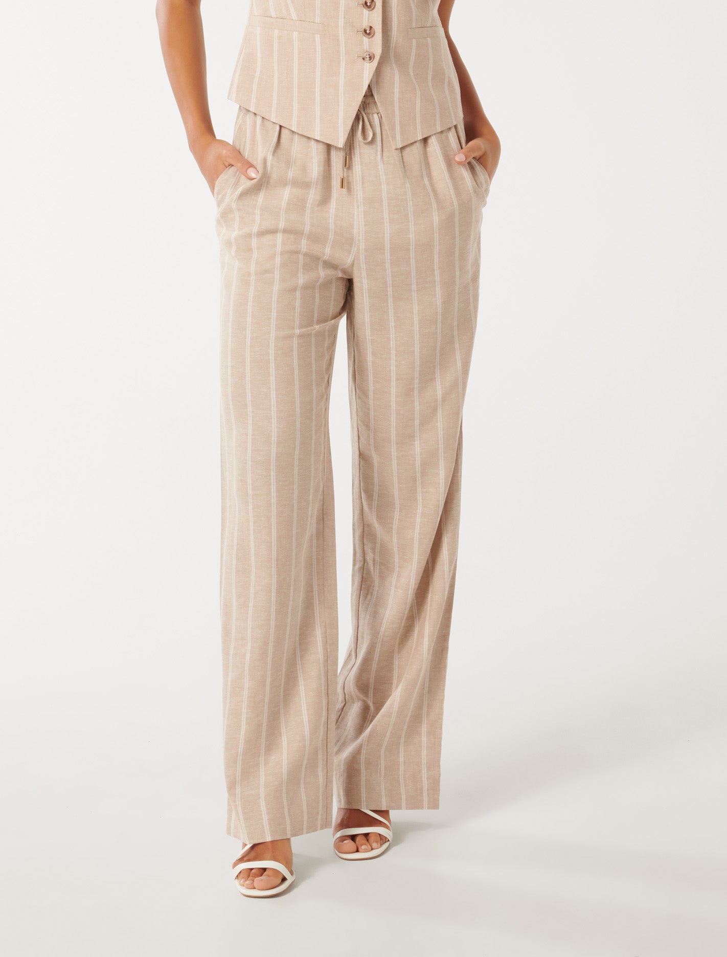 Forever New Women's Lori Wide-Leg Pants in Desert Taupe Stripe, Size 16 Linen/Viscose
