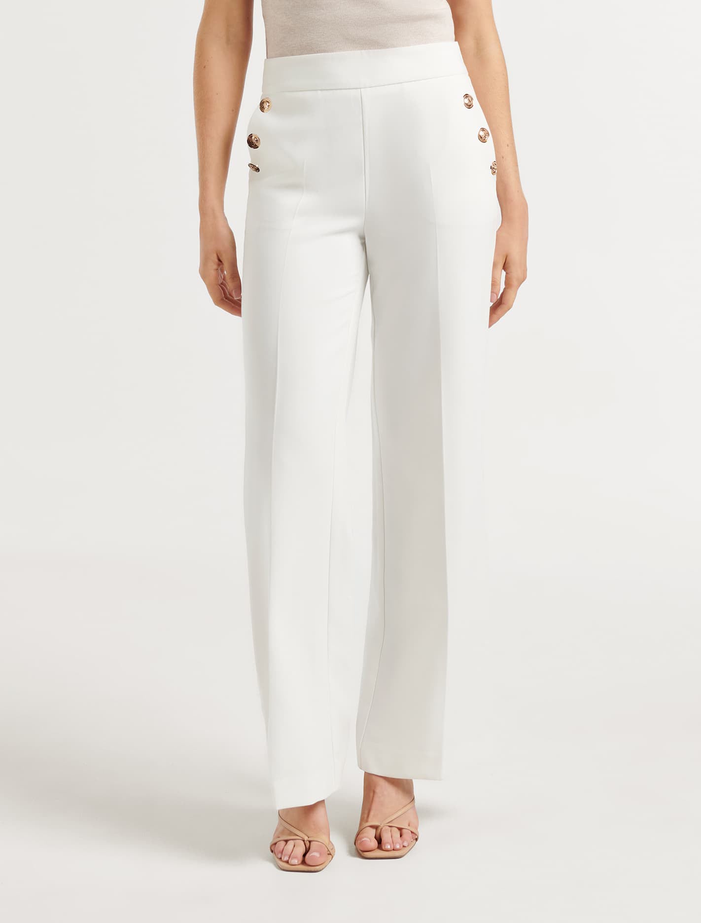 Forever New Women's Megan Button Wide-Leg Pants in Porcelain, Size 8 Polyester/Viscose/Elastane