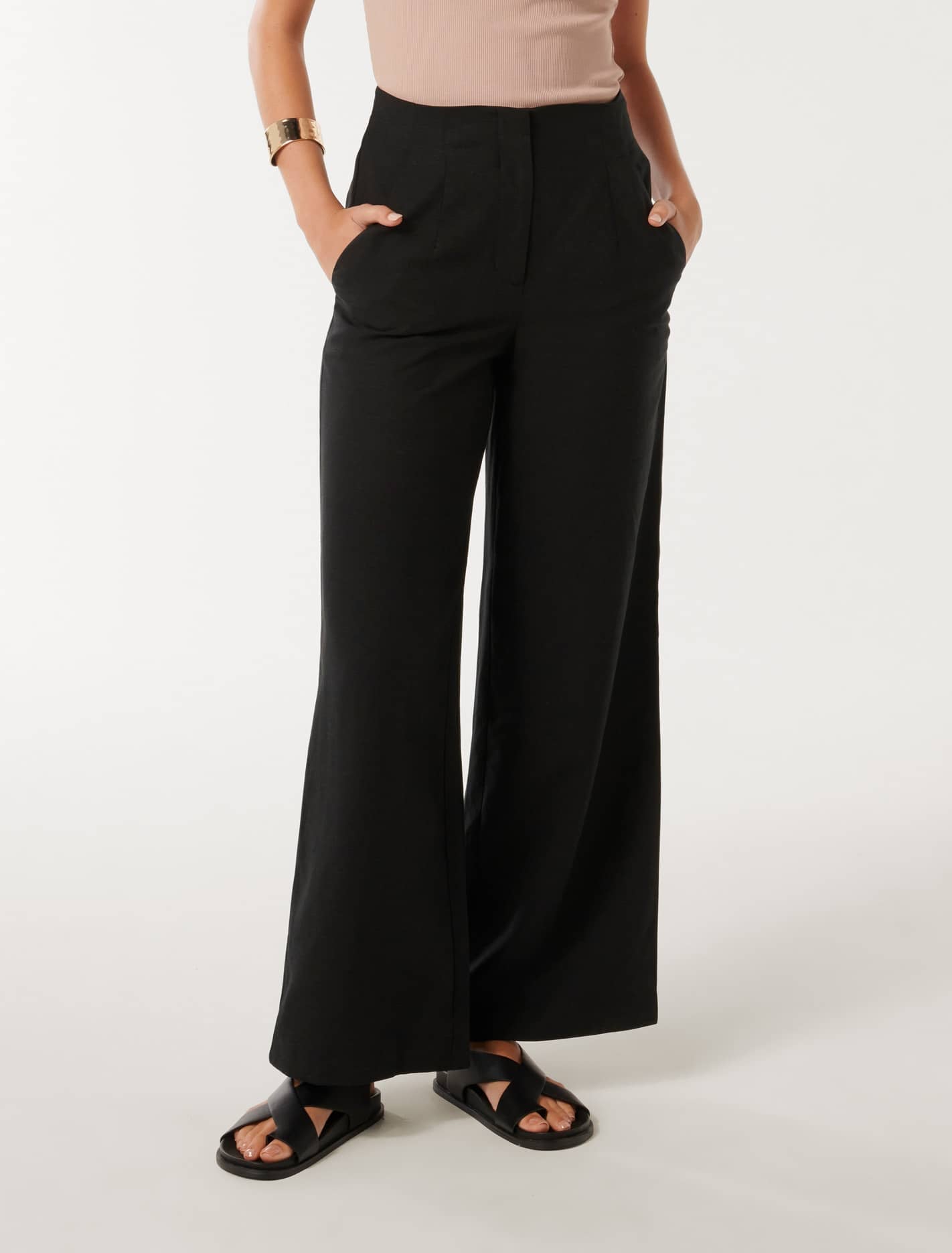 Forever New Women's Mona Wide-Leg Pants in Black, Size 12 Lyocell/Linen/Viscose