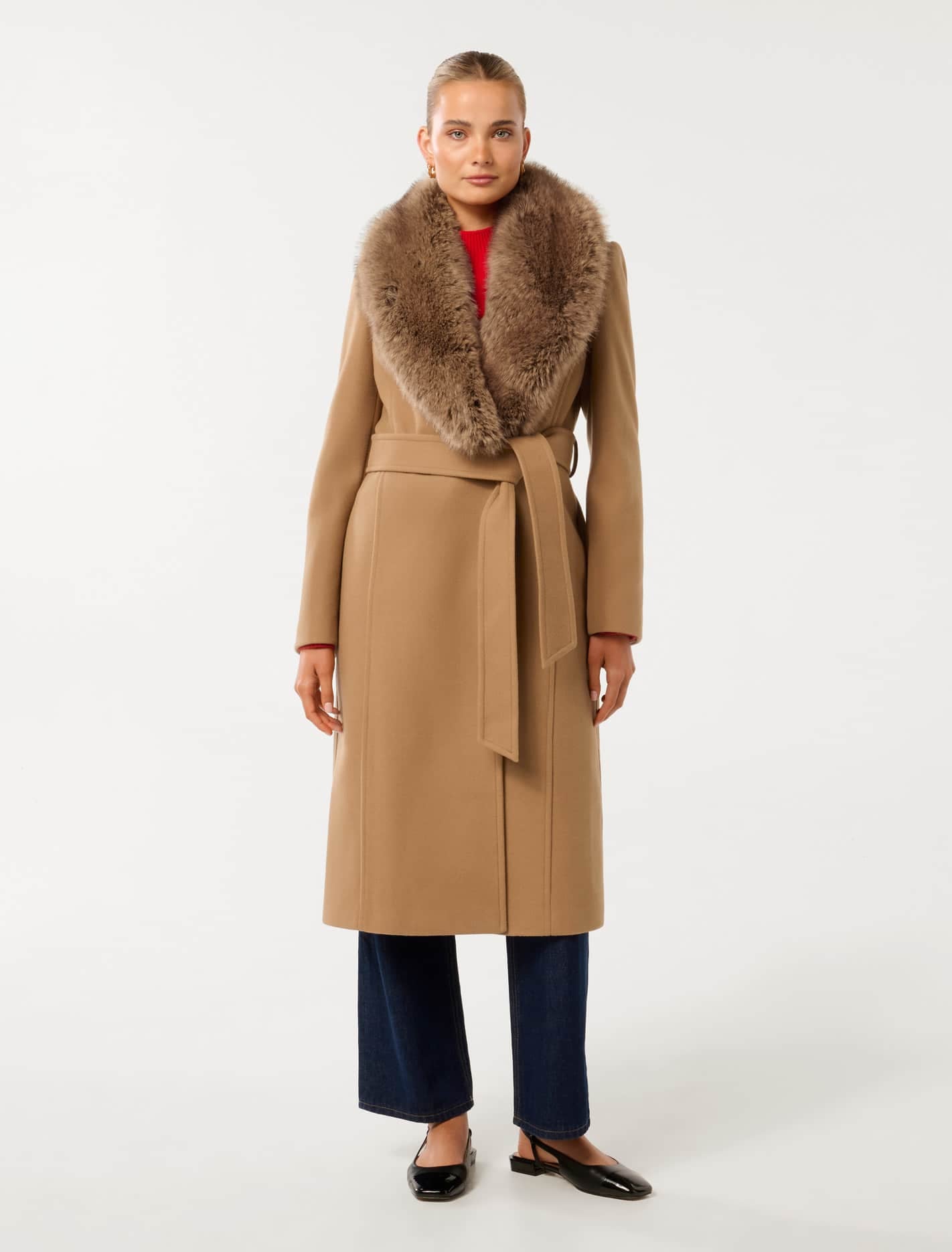 Forever New Women's Monica Fur Collar Wrap Coat in Mid Camel, Size 12 Polyester/Acrylic/Wool Faux fur