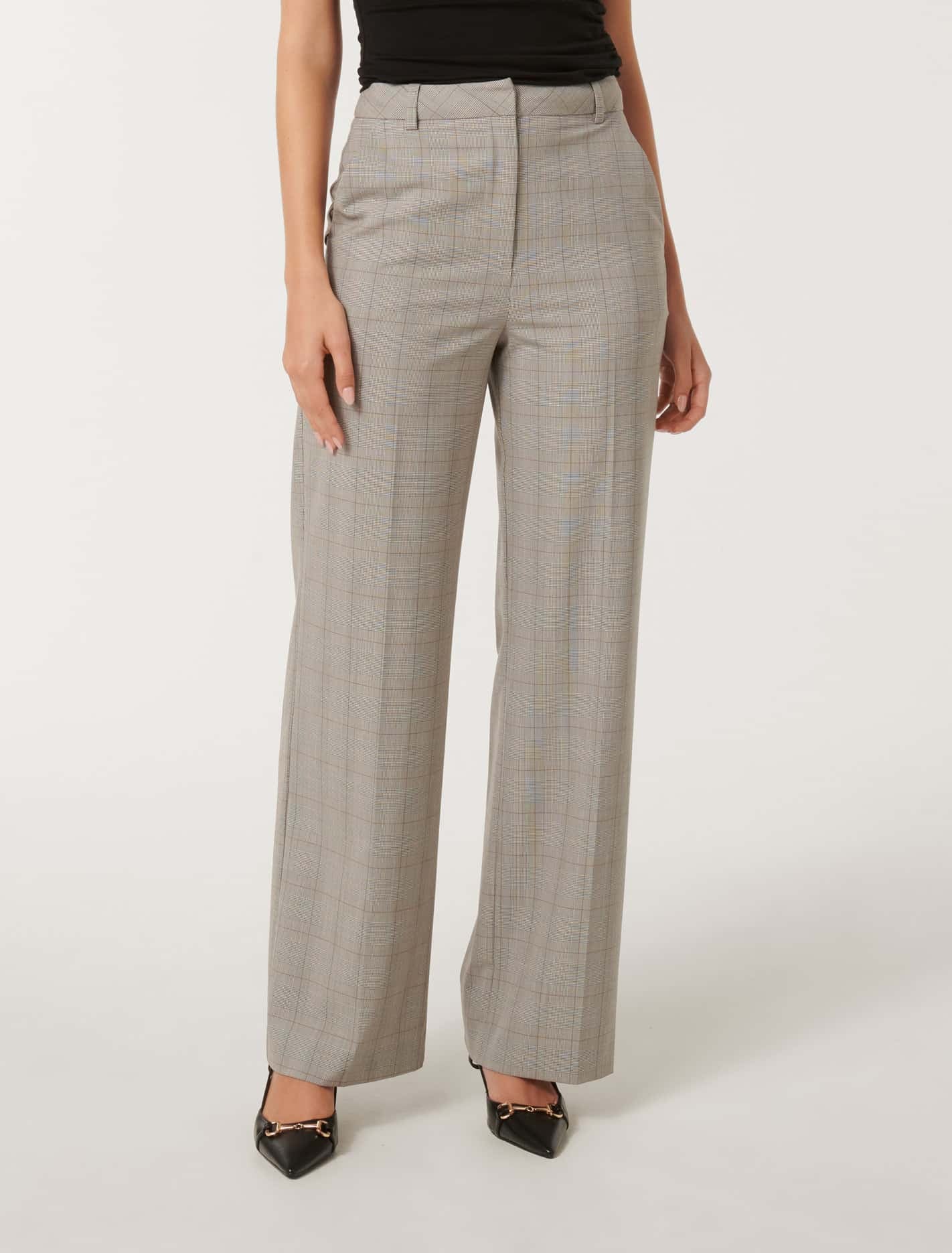 Forever New Women's Monique Wide-Leg Trousers in Neutral Check, Size 12 Polyester/Viscose/Elastane