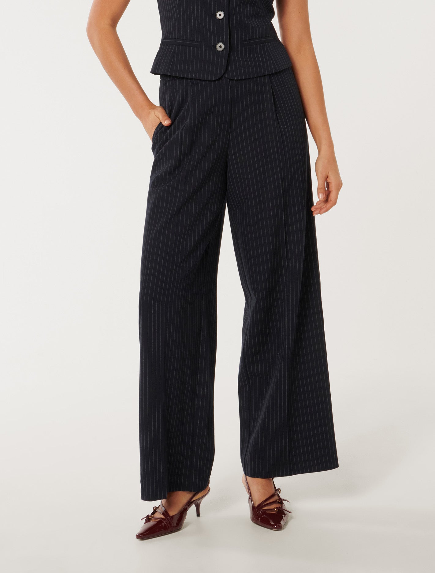 Forever New Women's Noa Pinstripe Wide-Leg Trousers in Navy Pinstripe Suit, Size 12 Polyester/Viscose/Elastane