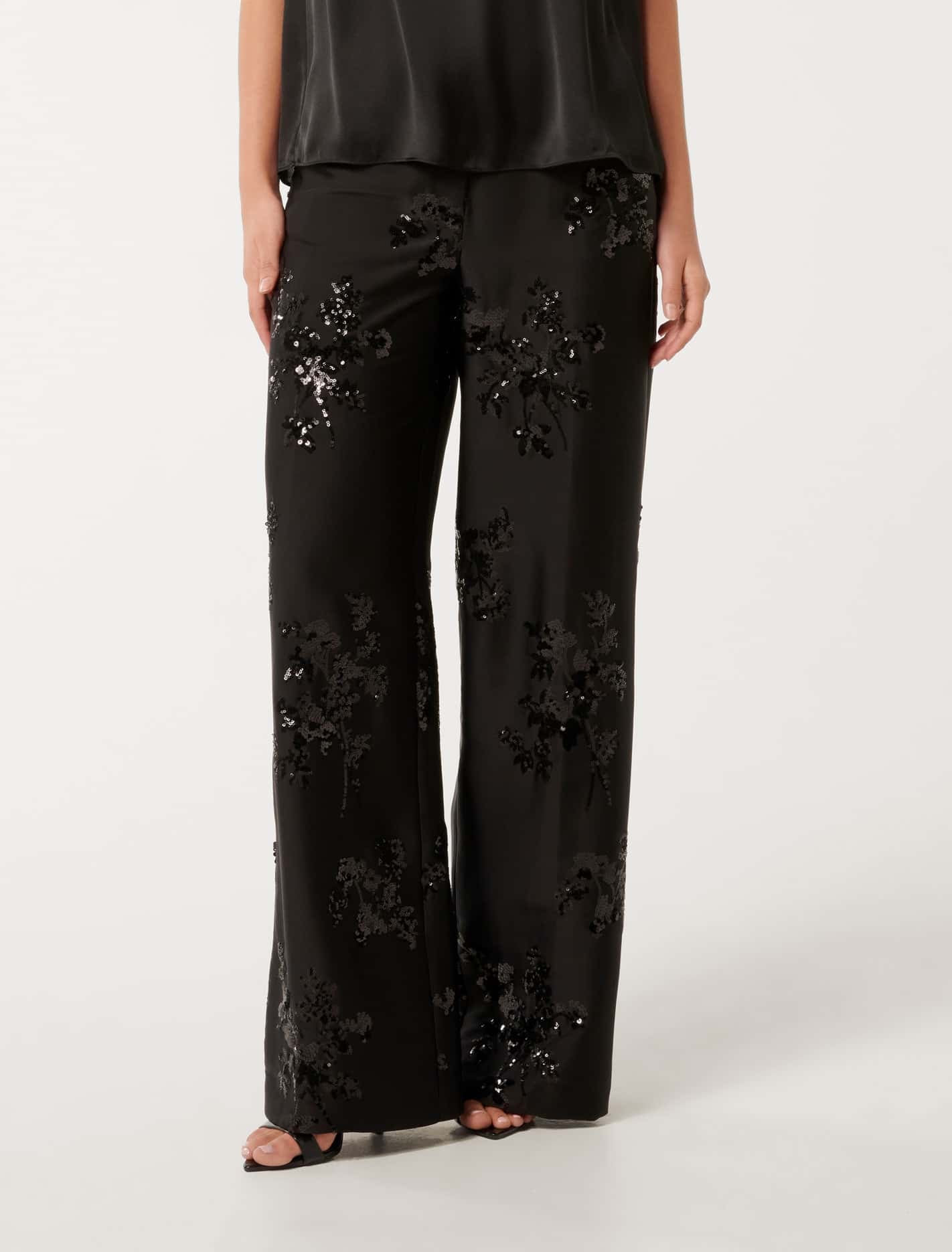 Forever New Women's Sonnie Sequin Wide-Leg Trousers in Black, Size 14 Polyester/Elastane
