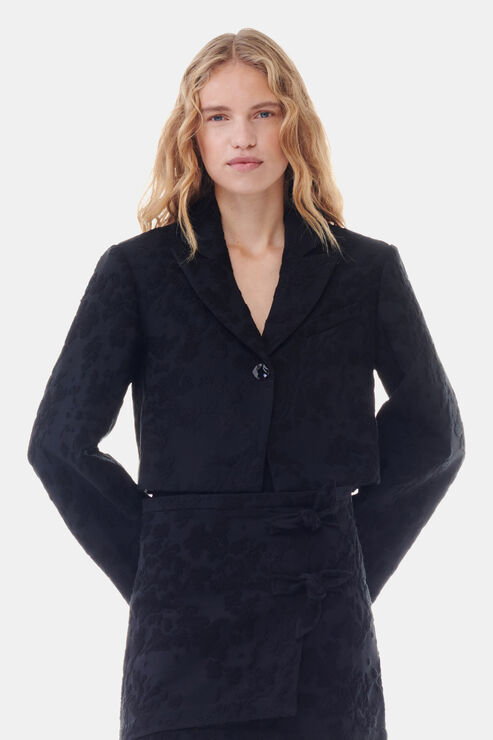 GANNI Boucle Jacquard Suiting Cropped Blazer in Black Size 4 Women's