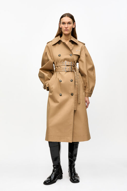 GANNI Camel Bonded Cotton Trench Coat in Beige Size 4 Women's