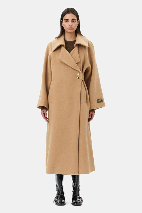 GANNI Camel Wool-Blend Coat in Latte Size 2XS/XS Women's