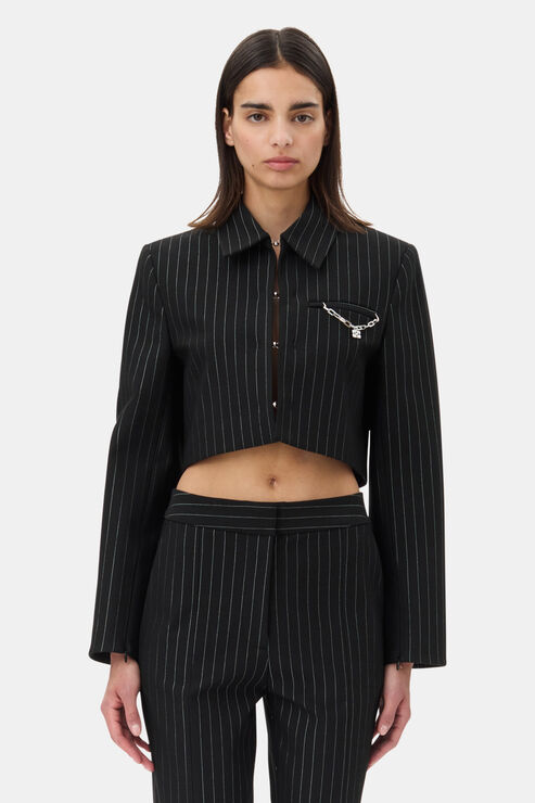GANNI Pinstriped Cropped Blazer in Black Size 6 Women's