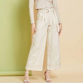 High-Waist Wide-Leg Pants With Belt Beige - S