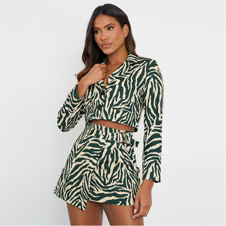I Saw It First Cropped Zebra Printed Blazer - Green