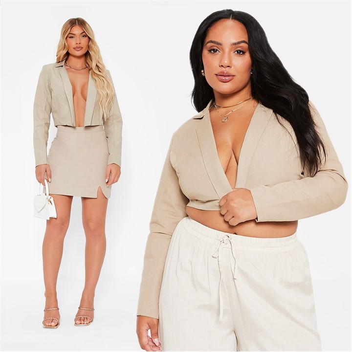 I Saw It First Linen Blend Cropped Blazer Co-Ord - Brown