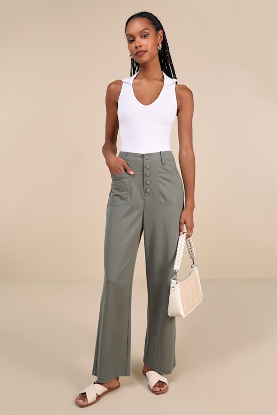 Instinctively Elevated Olive High-Rise Button-Fly Wide-Leg Pants