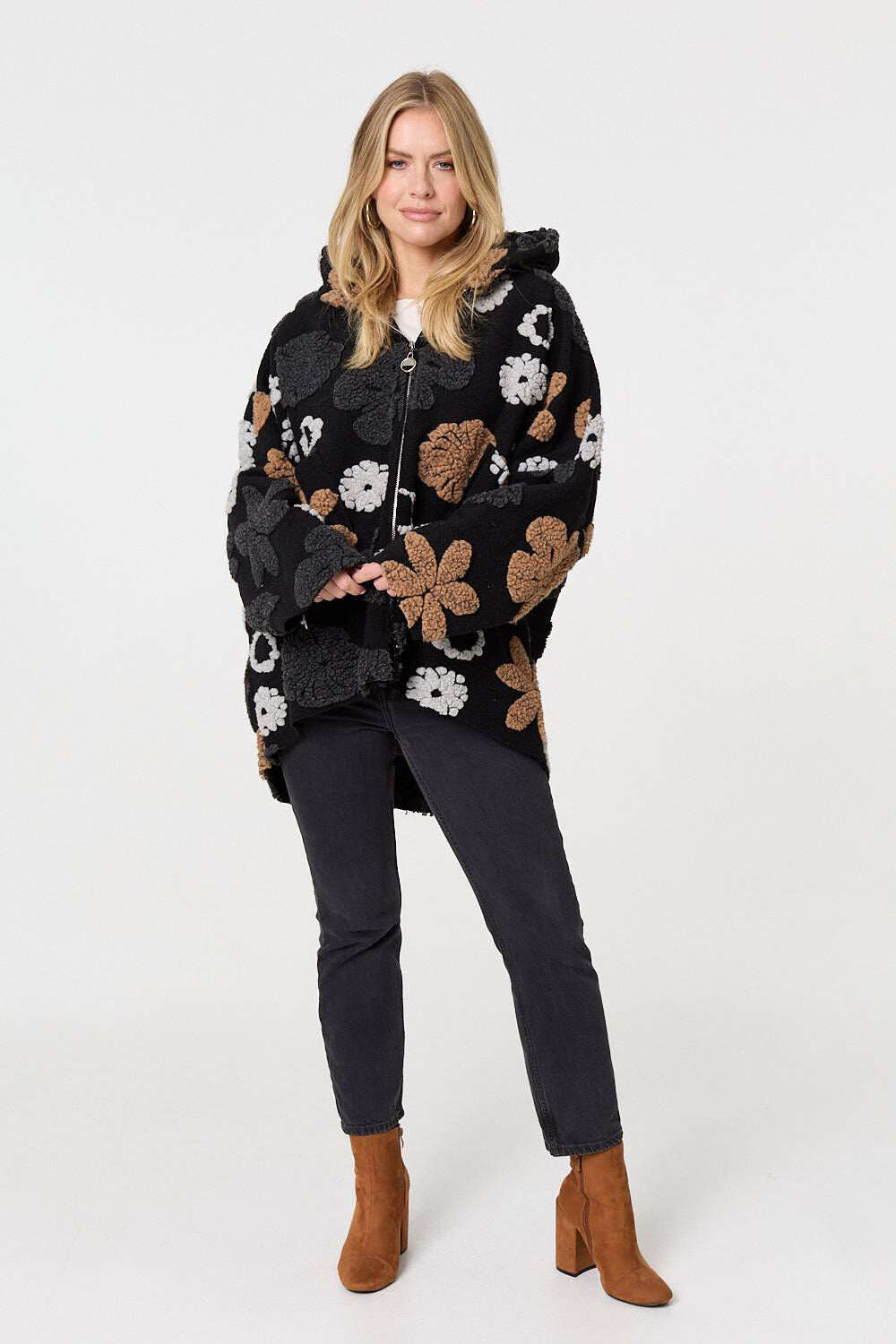 Izabel London Camel - Textured Floral Longline Hoodie Coat, Size: 8