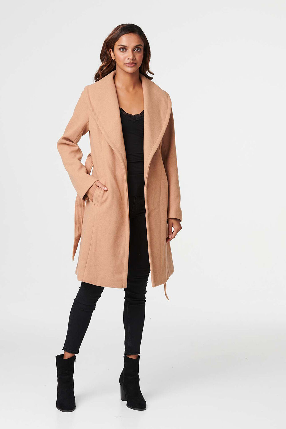 Izabel London Camel - Wrap Front Tie Waist Coat, Size: 8