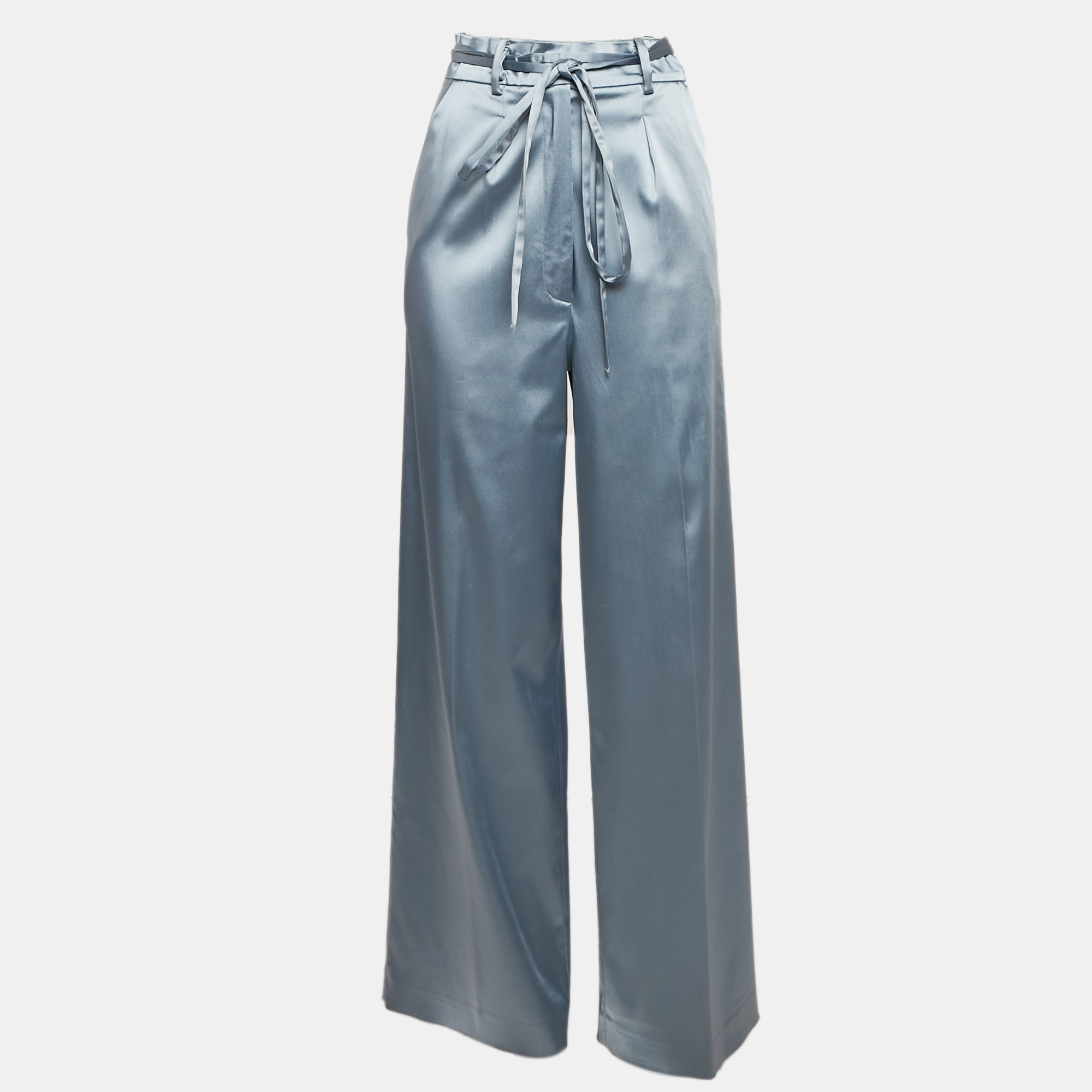 Just Cavalli Blue Satin Wide-Leg Belted Trousers S