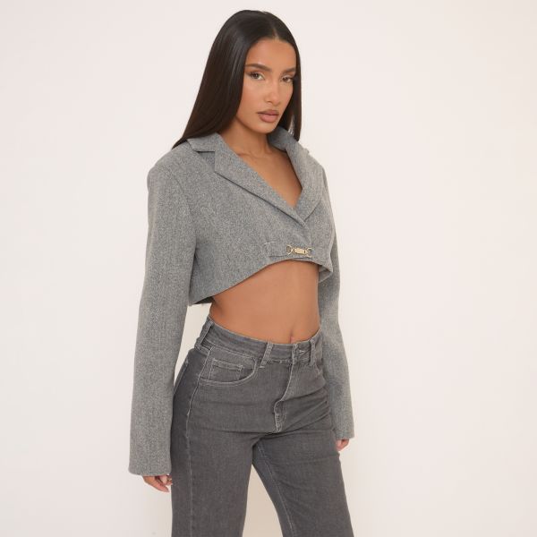 Long Sleeve Buckle Detail Wool Look Cropped Blazer In Grey, Women's Size UK 6