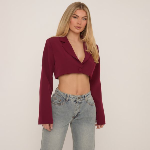 Long Sleeve Oversized Cropped Blazer In Burgundy, Women's Size UK 6