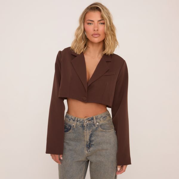 Long Sleeve Oversized Cropped Blazer In Chocolate Brown, Women's Size UK 6