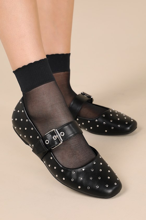 Mellie Black Studded Buckle Ballet Flats
