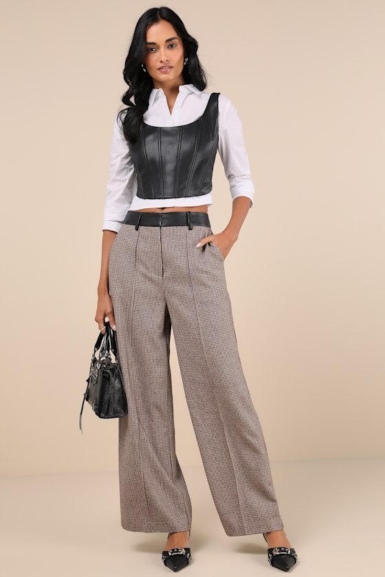 Memorably Chic Brown Houndstooth Tweed Wide-Leg Pants
