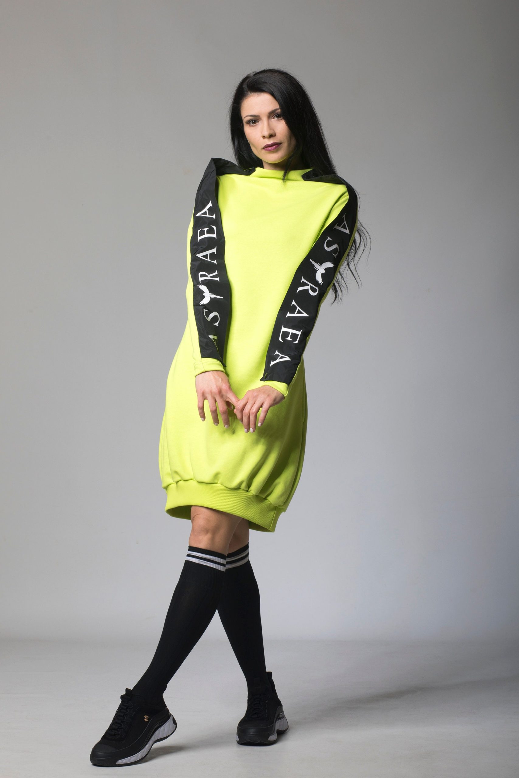 Neon Lime Green Sweatshirt, Plus Size Athletic Clothing, Midi Mockneck Sweatdress, Sports Style Lounge Wear, Casual Activewear Day Dress