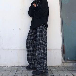Plaid Wide-Leg Pants Plaid - Black - L
