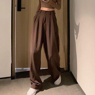Plain High-Waist Wide-Leg Pants Khaki - M