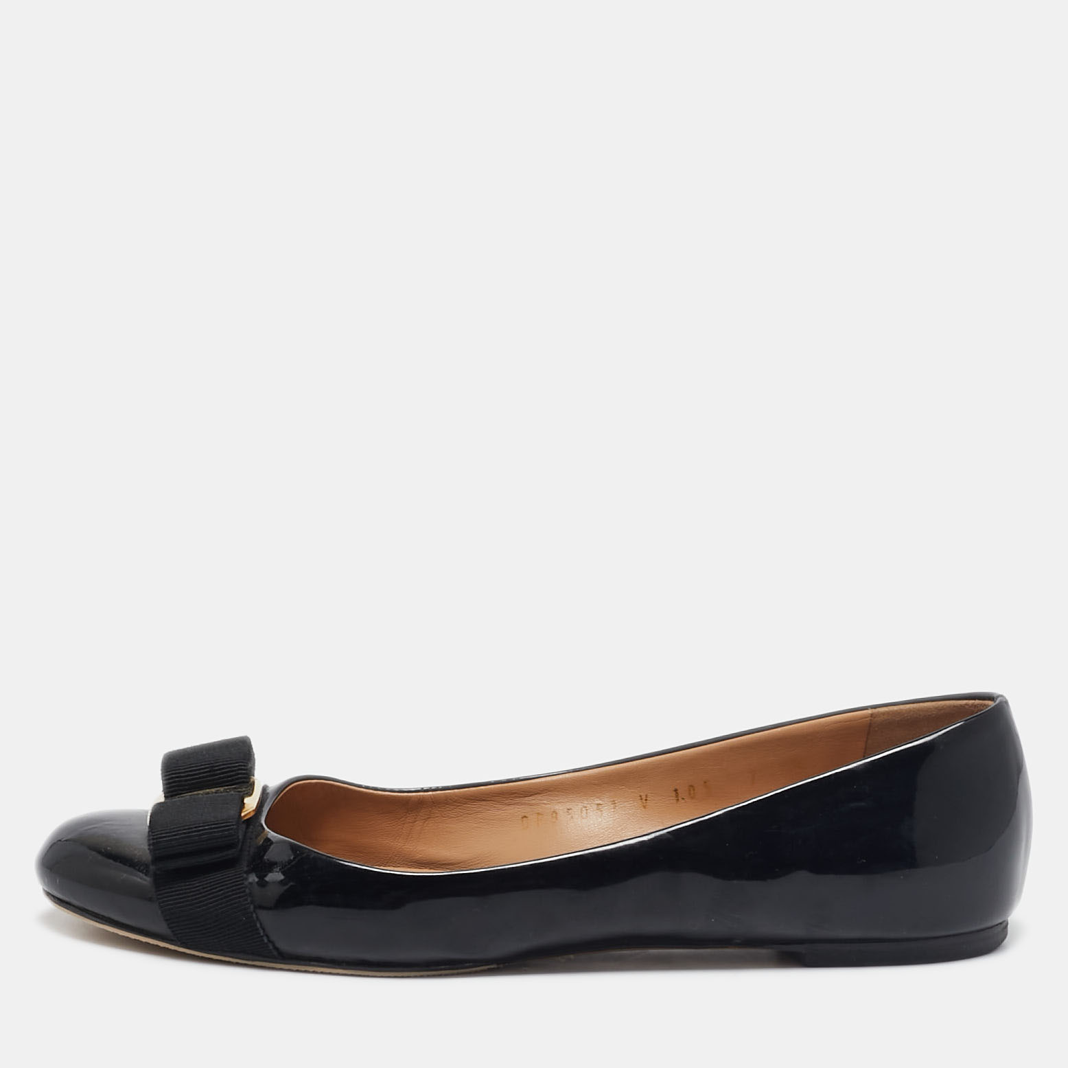 Salvatore Ferragamo Black Patent Leather Vara Bow Ballet Flats Size 37.5