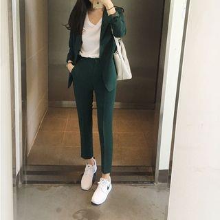 Set: Single Button Blazer + Cropped Dress Pants Dark Green - L