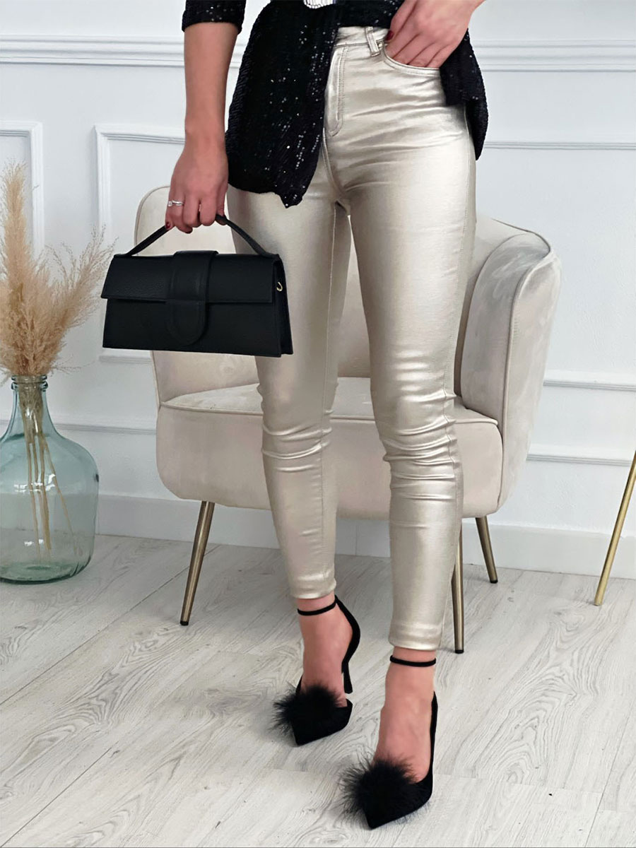 Silver Pants For Women High Waist Faux Leather Skinny Leggings