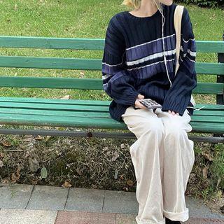 Striped Sweater / Plain Wide-Leg Pants Sweater - Blue - S