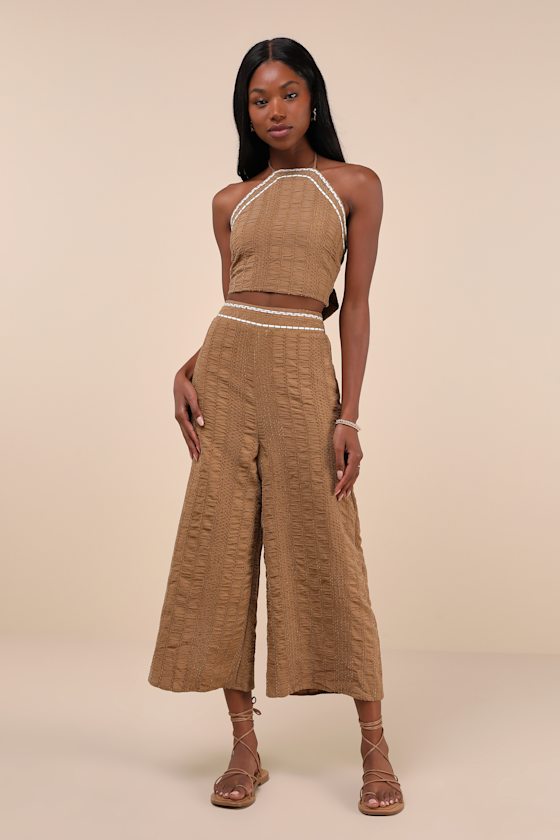 Sunny Confidence Brown Textured Velvet Wide-Leg Pants