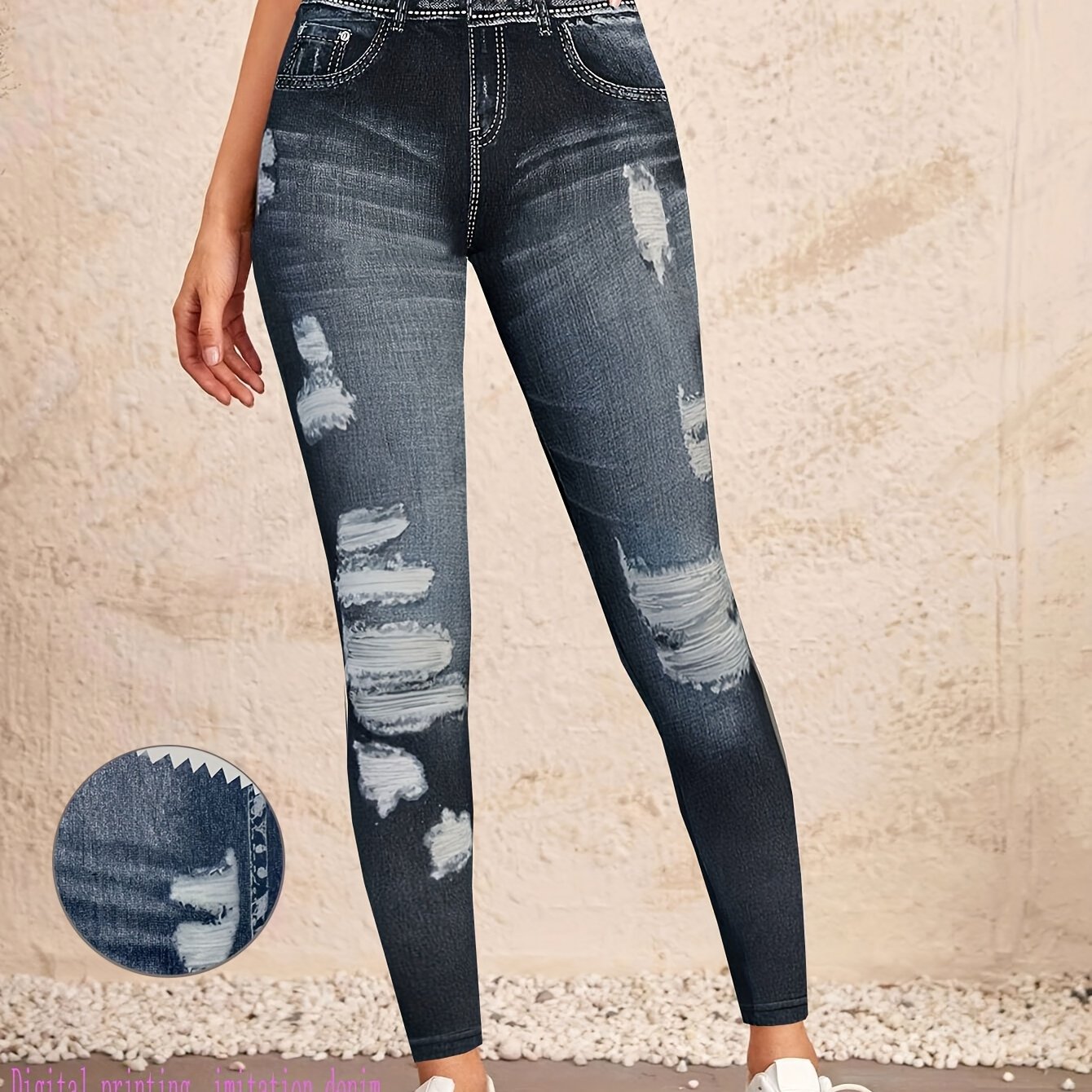 TEMU 1pc Daerling Women' Skinny Jeans, , Polyester Knit Fabric, Printed Pattern, Adult Denim-look Pants