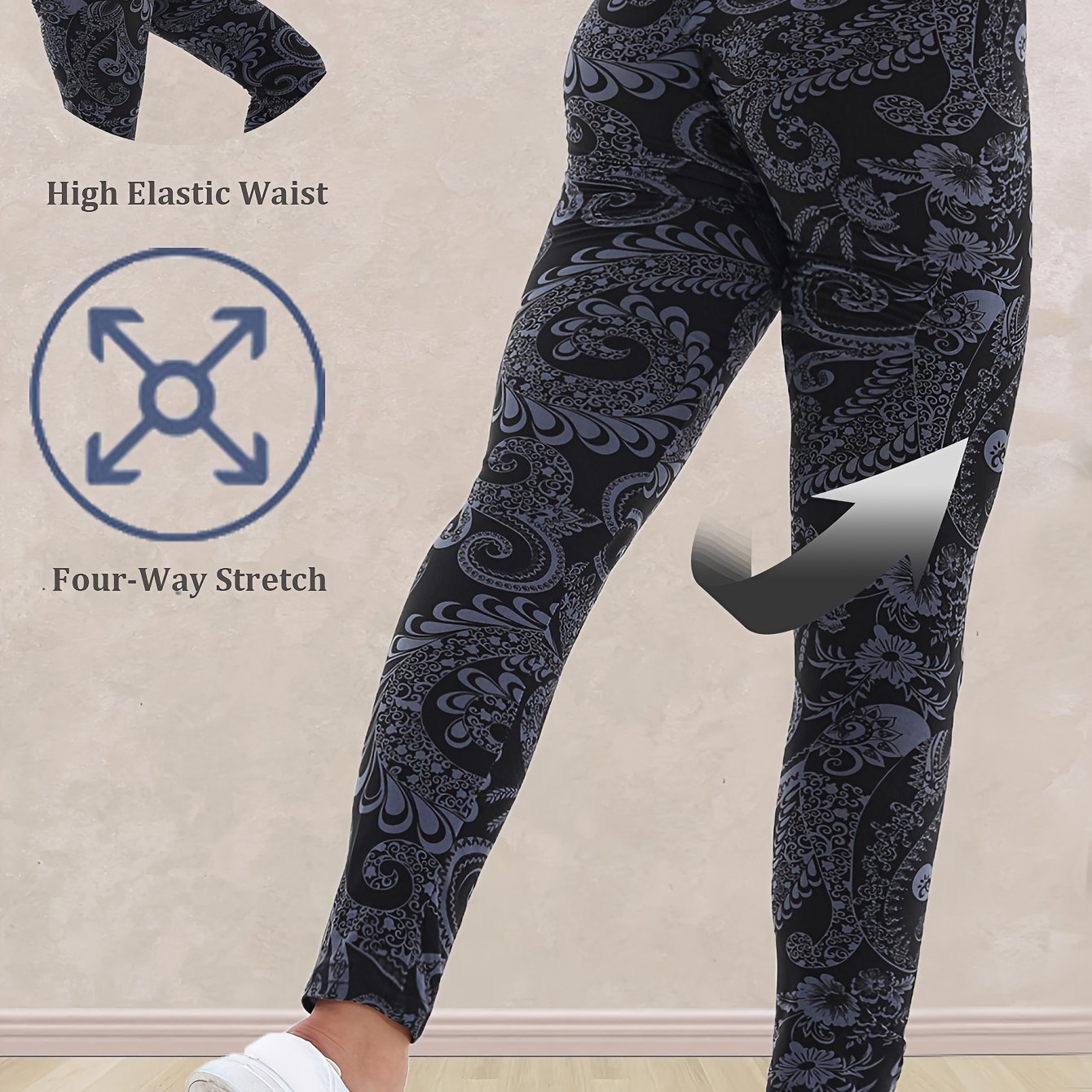 TEMU 1pc Plus Size Floral Pattern Skinny Leggings For Women - High Waist, Cropped Length, Knit Polyester Fabric, Stretchy Yoga Pants For Fitness &