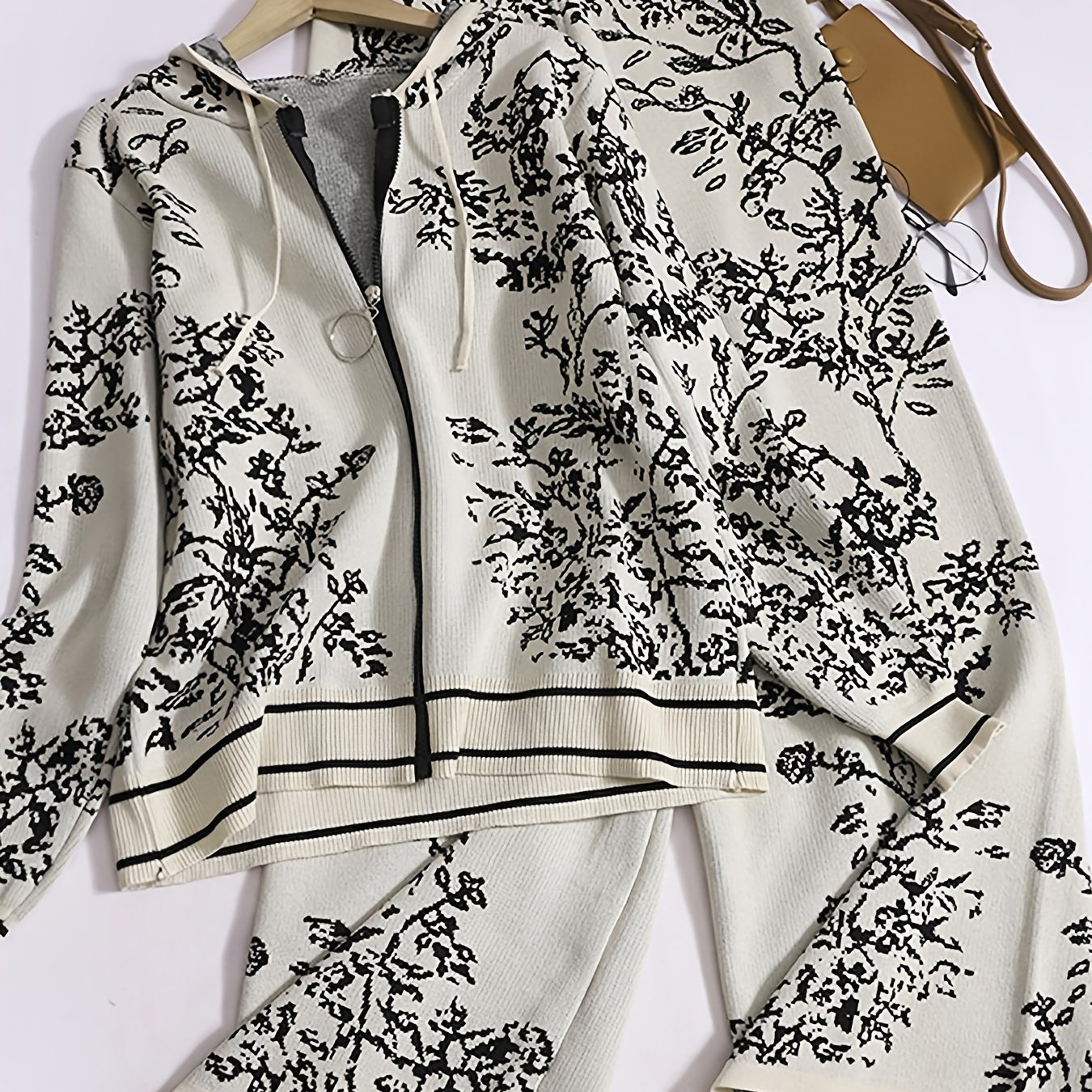 TEMU 2025 Early Spring Casual Color- Floral Patterned Knitted Set With A Hooded Drawstring Zip-up Cardigan And High-waisted Wide-leg Straight Pants.