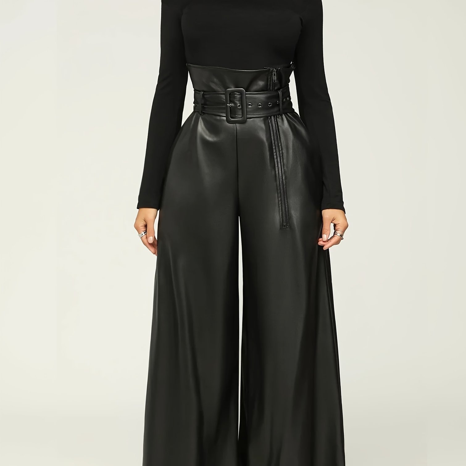 TEMU Elegant Wide-leg Solid Color Leather Pants For Women, Featuring A Metallic Belt - Opaque.