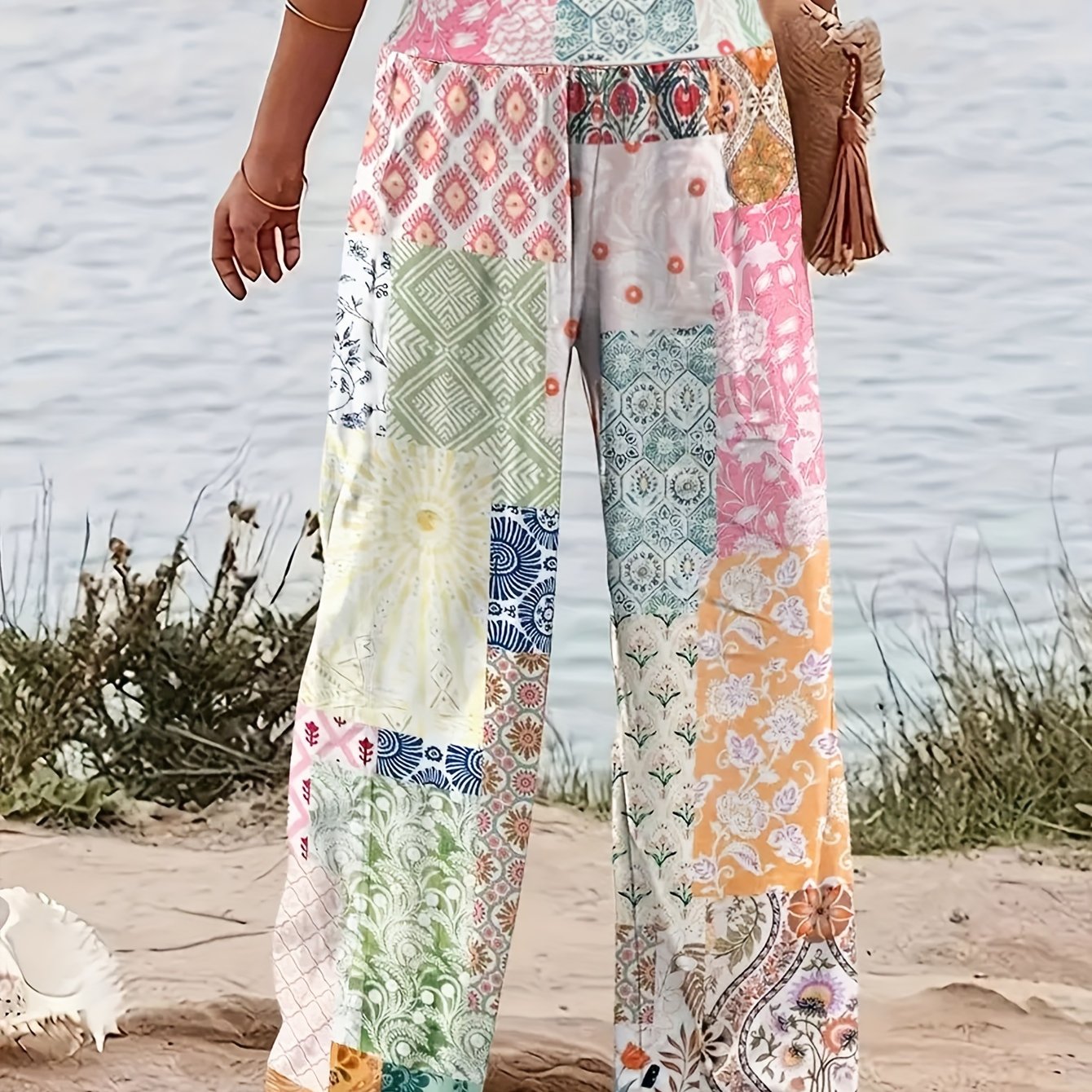 TEMU Floral Print Women's Wide-leg Pants - Lightweight, Loose Fit With Waistband, Vacation & Casual Wear, Machine Washable, Polyester