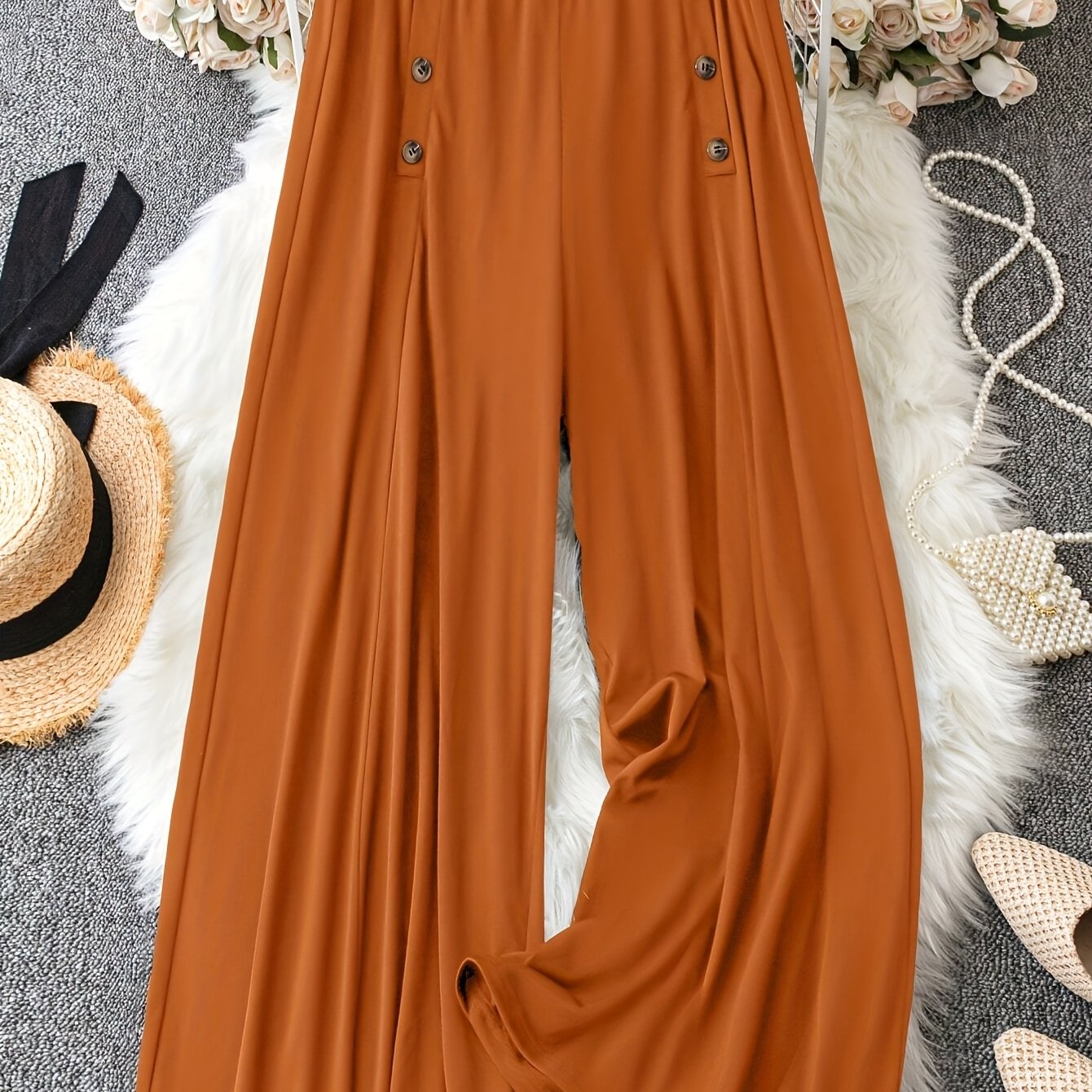 TEMU Plus-size Women's Color Wide-leg Pants With Button