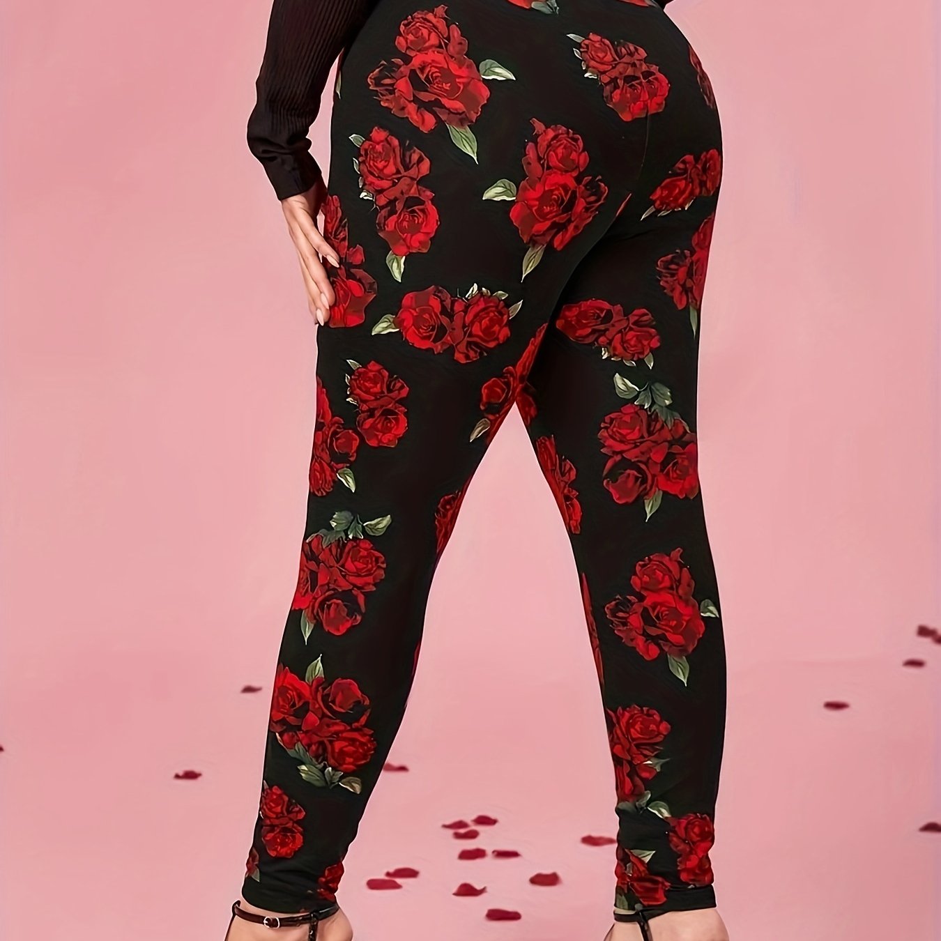 TEMU Size Floral Print Leggings With Fleece - Stretchy, High-waist Skinny Pants For Women, Plus Size Pants, ,