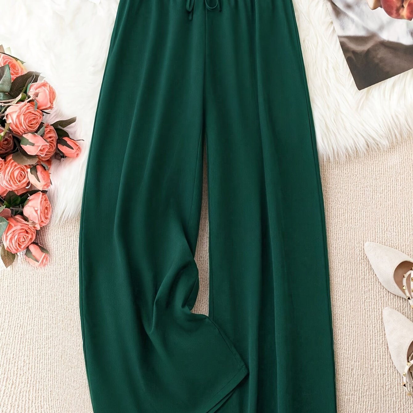 TEMU Women's Elegant Green Wide-leg Pants With Tie Waist - Polyester, Machine Washable, Spring/summer/fall
