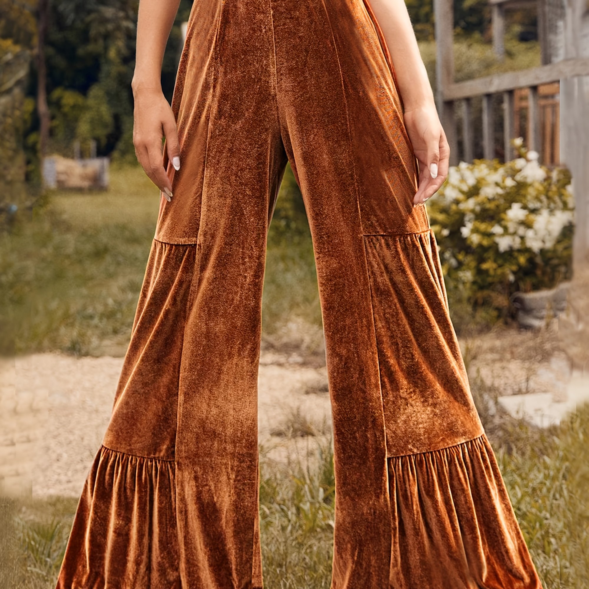 TEMU | Women's Elegant High-waisted Velvet Wide-leg Pants - Green, Hem, Soft Polyester, , Machine Washable, Stylish Clothing | Trendy Velvet Pants |