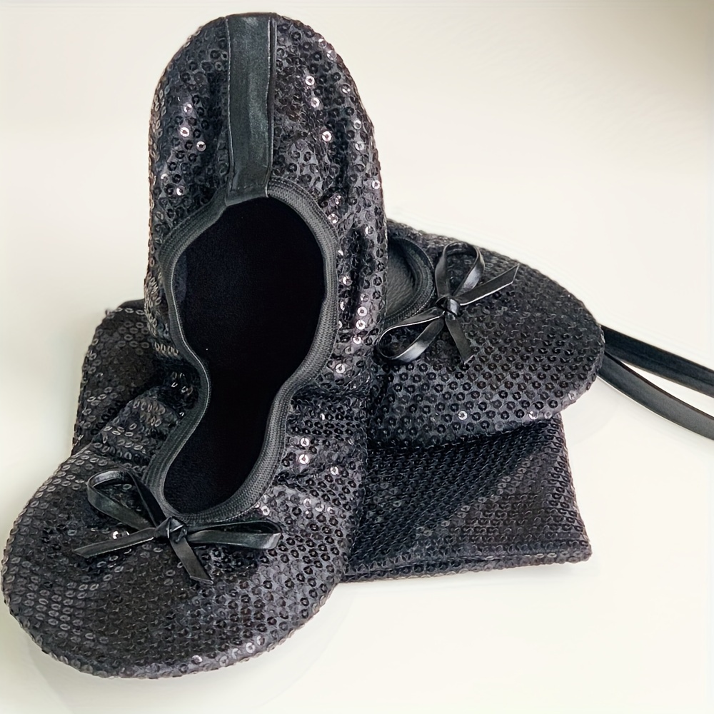 TEMU Women's Foldable Portable Travel Ballet Flat Roll Up Slipper Shoes Shinny Sequins With Purse