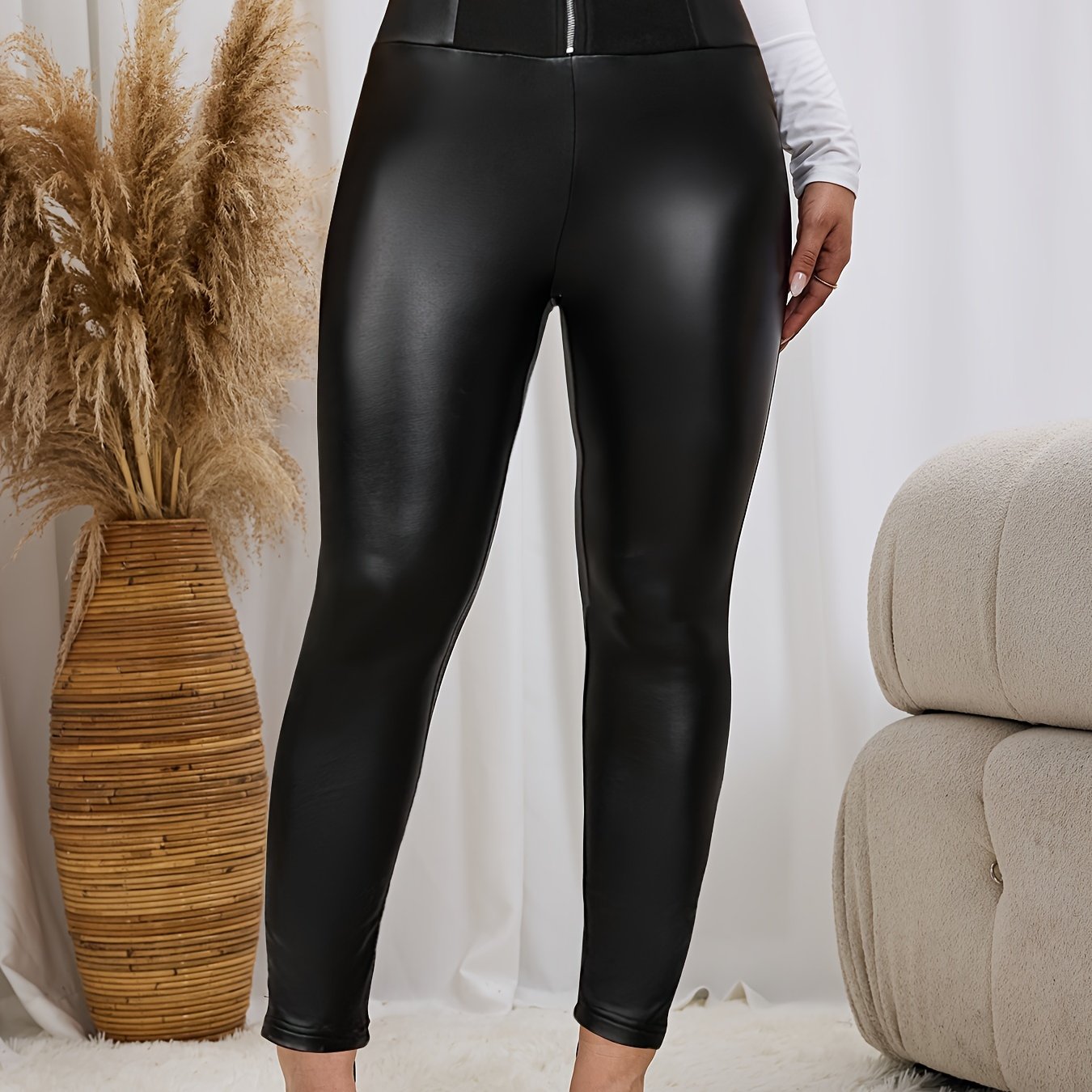 TEMU Women's Sexy Coated Skinny Pants With Wide Belt And Zipper Detail, Knit Fabric, Polyester 95% Spandex 5%, Solid Color, For Spring/summer/fall