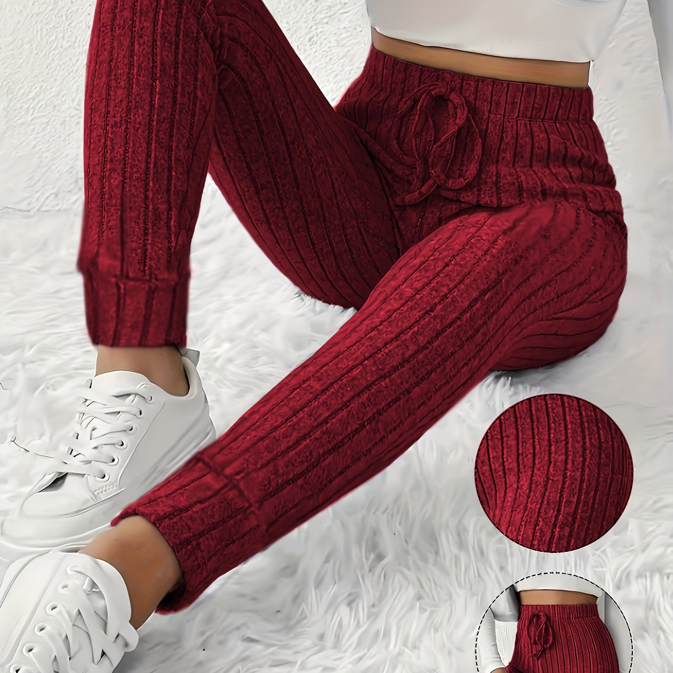 TEMU [stretchy Fit] Elegant Red Ribbed Knit Skinny Pants For Women - High-waisted With Decorative Drawstring, Stretchy Polyester , Machine Washable,